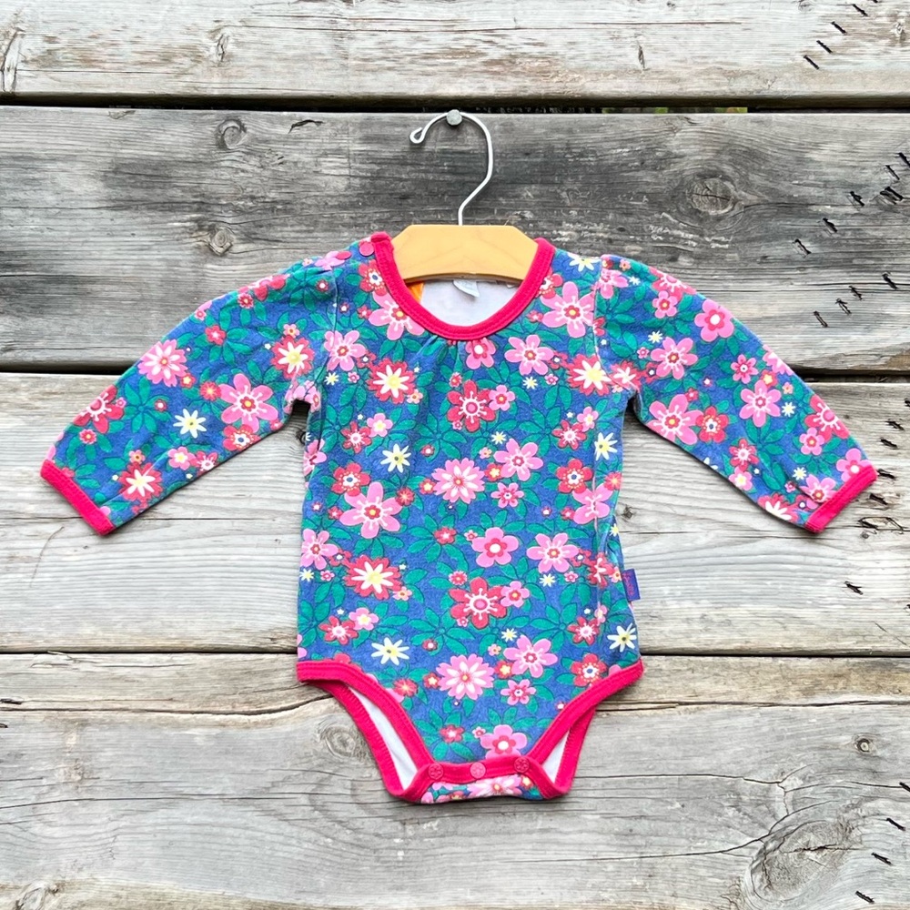 Pumpkin Patch Floral Cotton Long Sleeve Onesie Pink Trim Infant Girls’ 6-12M